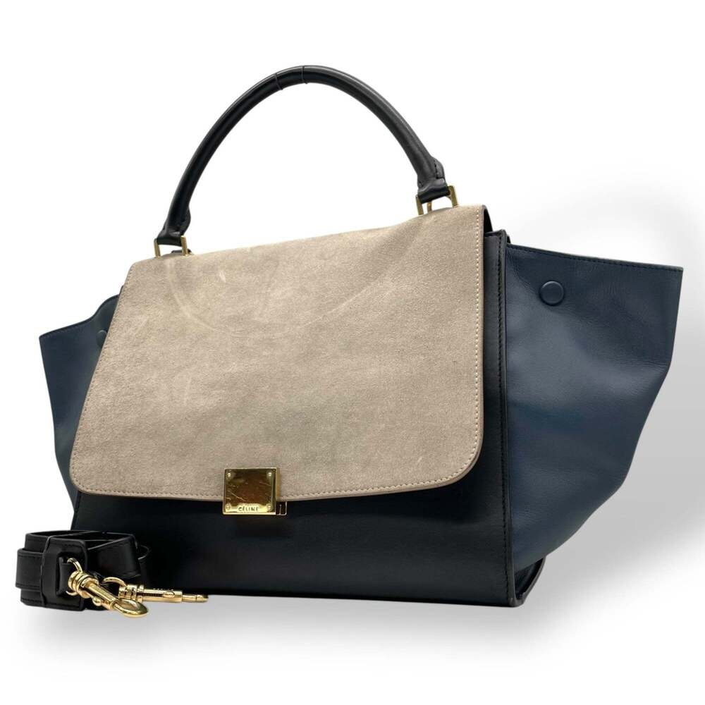 Celine Two-Tone Black Navy and Taupe Suede Trapeze Bag